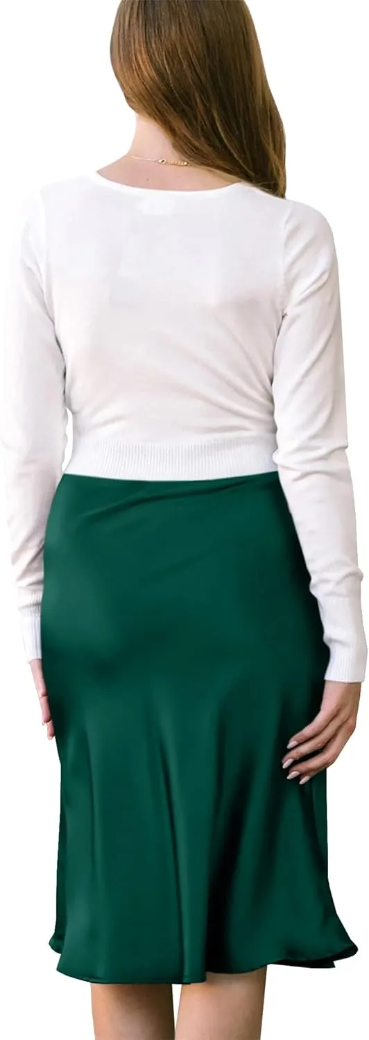 Womens High Waisted Midi Skirt Solid Satin Dress Zipper Elegant Work Skirts Flared Mid Skirts