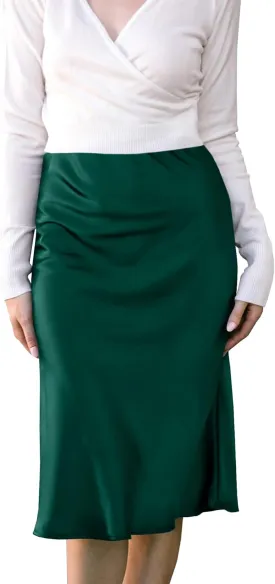 Womens High Waisted Midi Skirt Solid Satin Dress Zipper Elegant Work Skirts Flared Mid Skirts