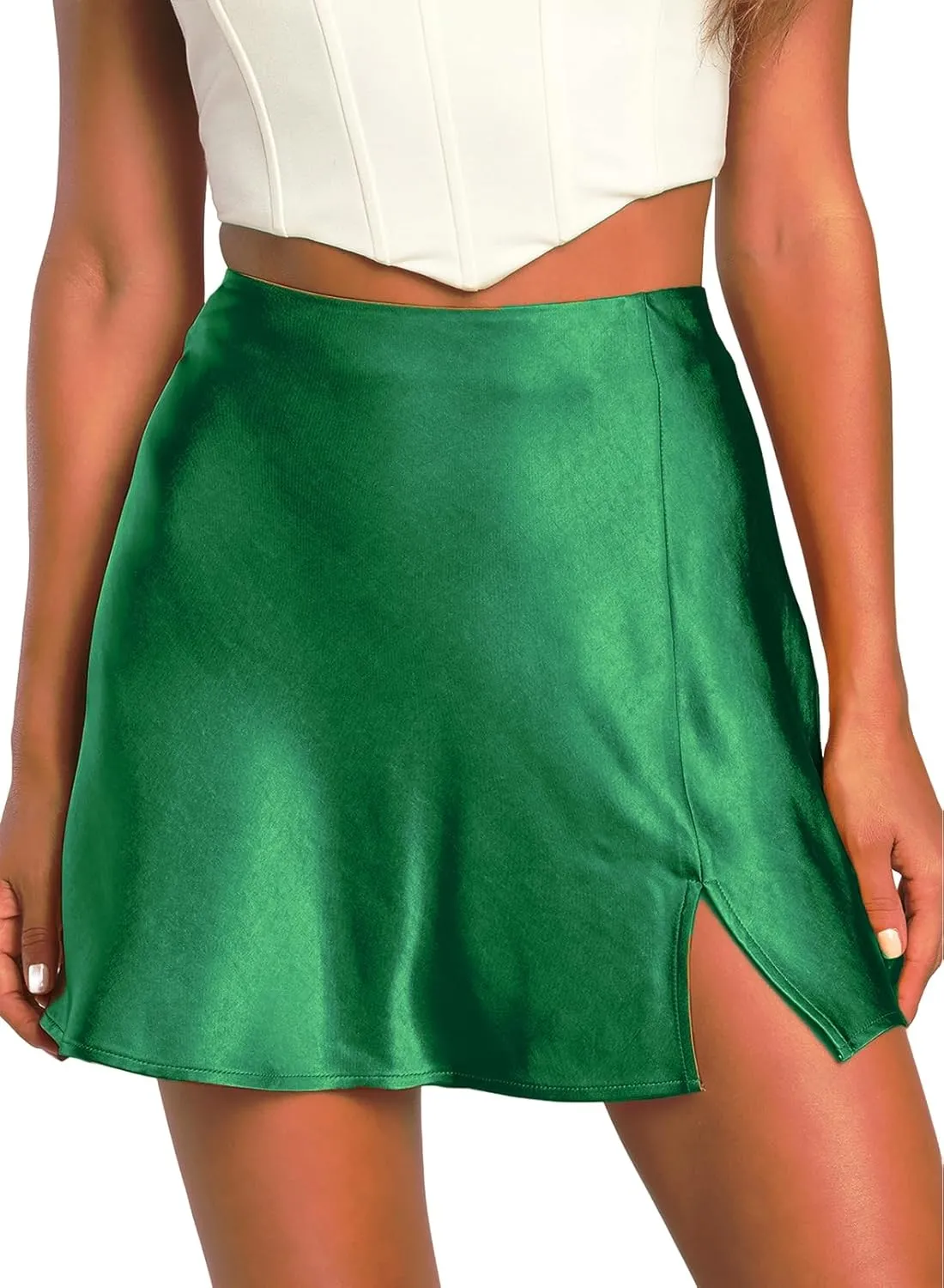 Womens High Waisted Satin Mini Skirts A Line Elastic Waistband Going Out Mini Silk Skirts with Slit