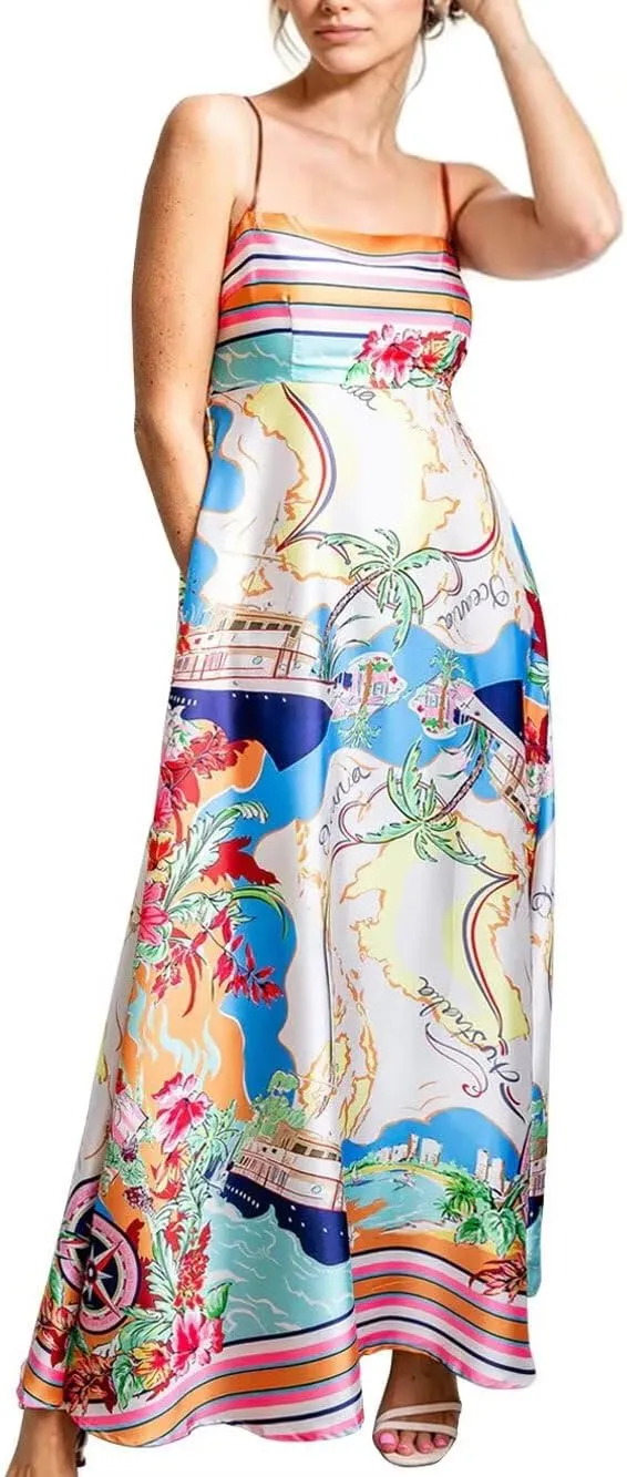 Womens Slip Boho Long Dresses Floral Spaghetti Strap Maxi Dress Summer Beach Daily Sundress with Plus Size