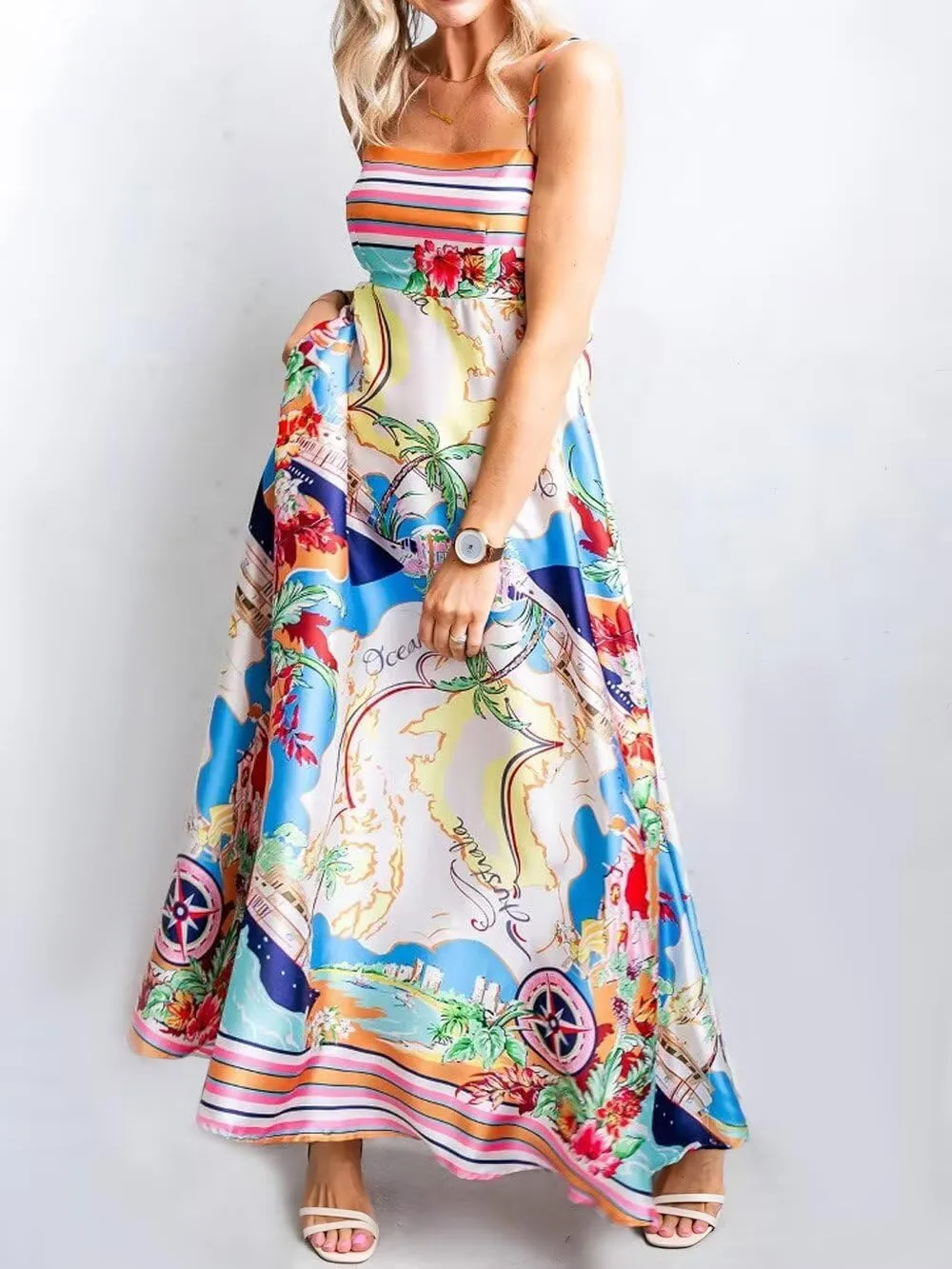 Womens Slip Boho Long Dresses Floral Spaghetti Strap Maxi Dress Summer Beach Daily Sundress with Plus Size