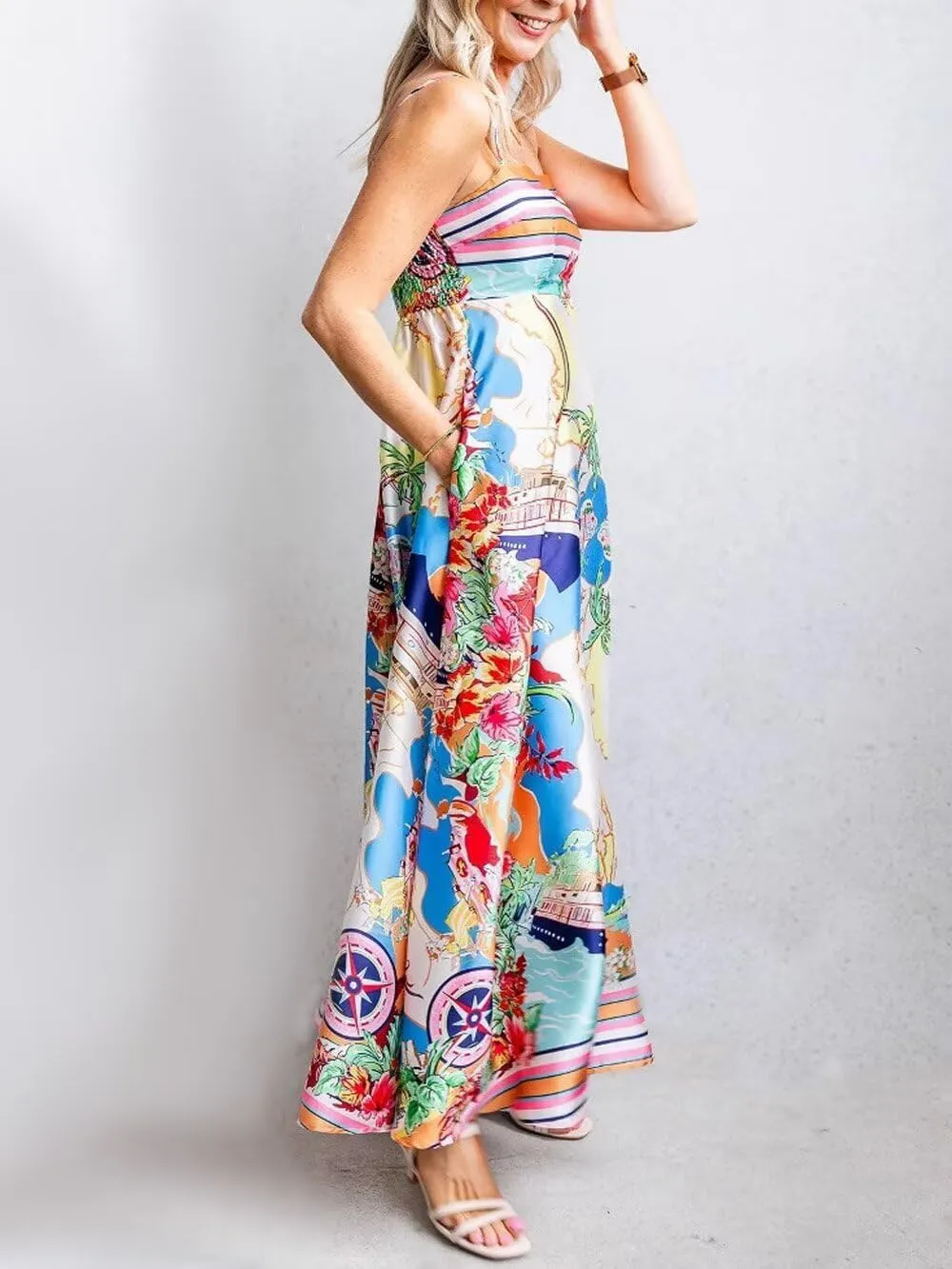 Womens Slip Boho Long Dresses Floral Spaghetti Strap Maxi Dress Summer Beach Daily Sundress with Plus Size