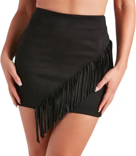Women's Suede Skirt High-Rise Waist Cowgirl-Chic Fringe Stretch Bodycon Mini Skirts