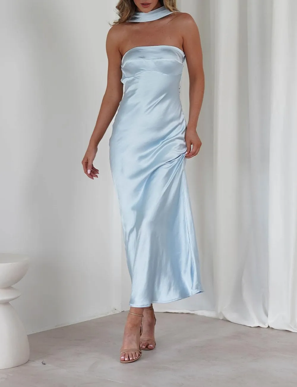 Women's Summer Satin Strapless Tube Top Maxi Dress Elegant Silk Backless Halter Neck Formal Party Dresses Wedding Guest