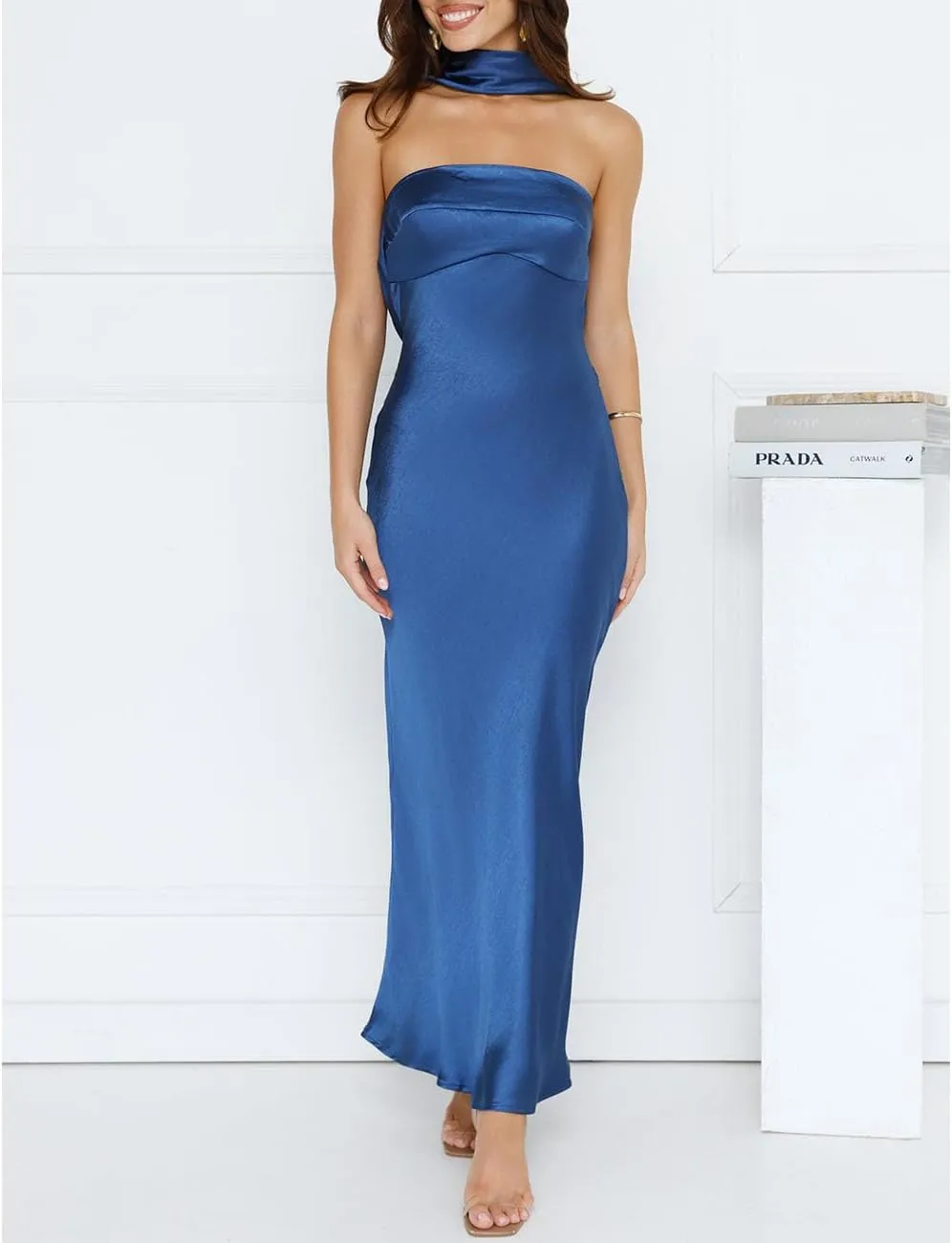 Women's Summer Satin Strapless Tube Top Maxi Dress Elegant Silk Backless Halter Neck Formal Party Dresses Wedding Guest