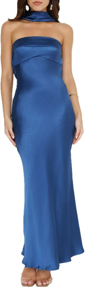 Women's Summer Satin Strapless Tube Top Maxi Dress Elegant Silk Backless Halter Neck Formal Party Dresses Wedding Guest