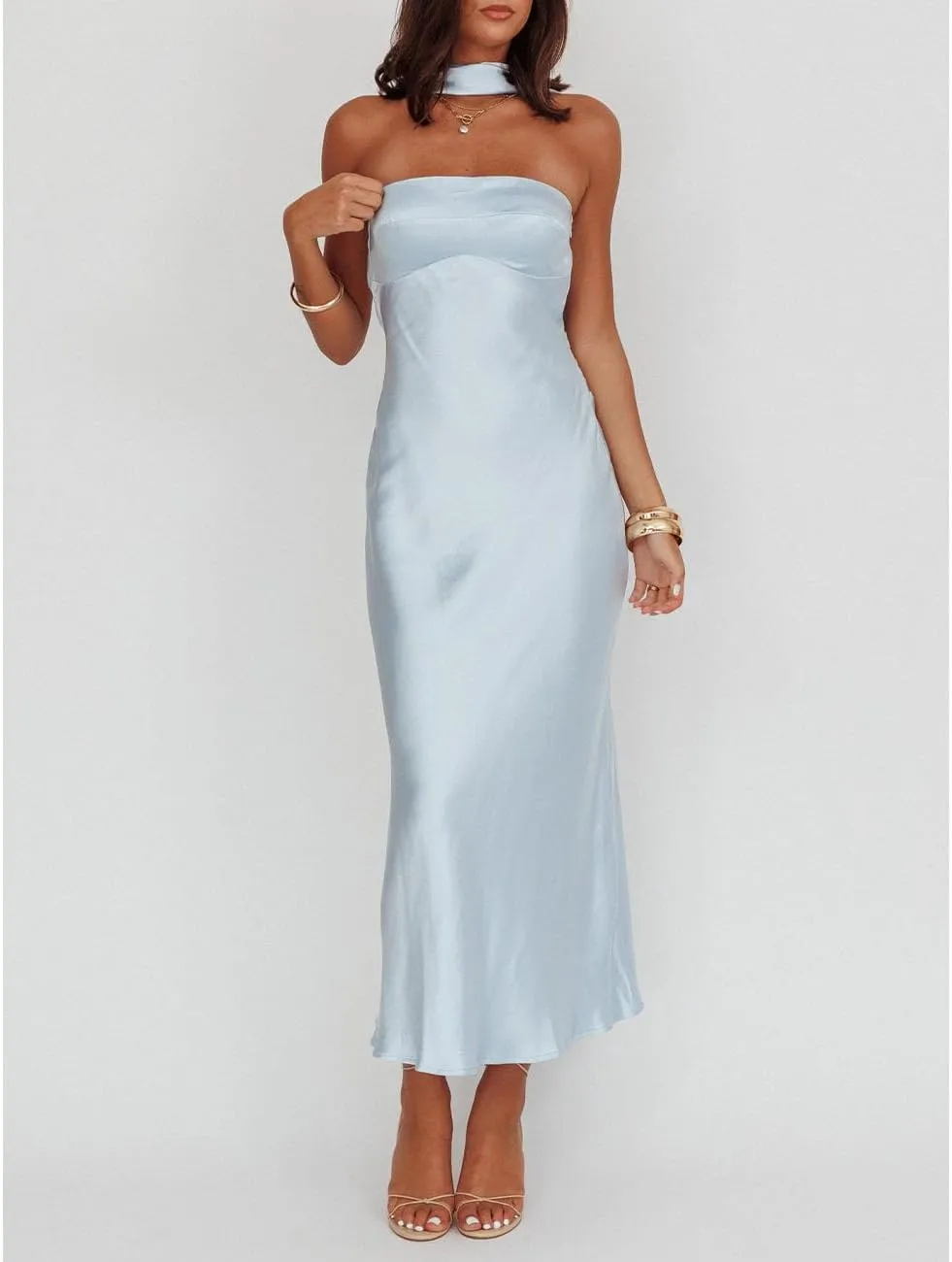 Women's Summer Satin Strapless Tube Top Maxi Dress Elegant Silk Backless Halter Neck Formal Party Dresses Wedding Guest