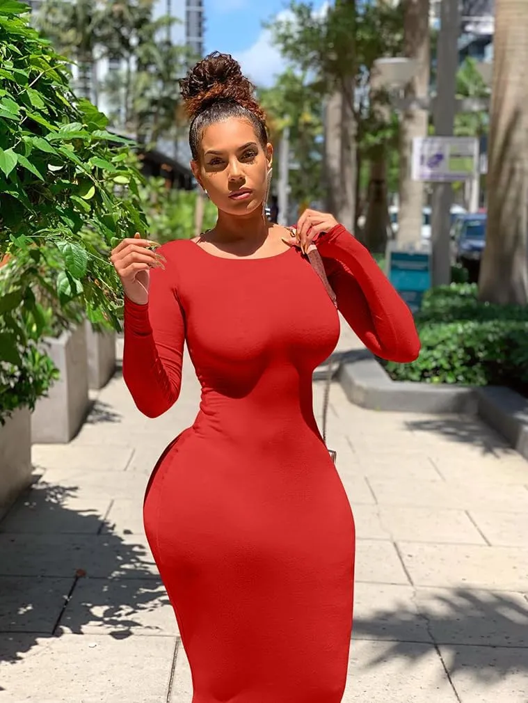 XXTAXN Women's Sexy Bodycon Long Sleeve Round Neck Work Office Midi Pencil Dress