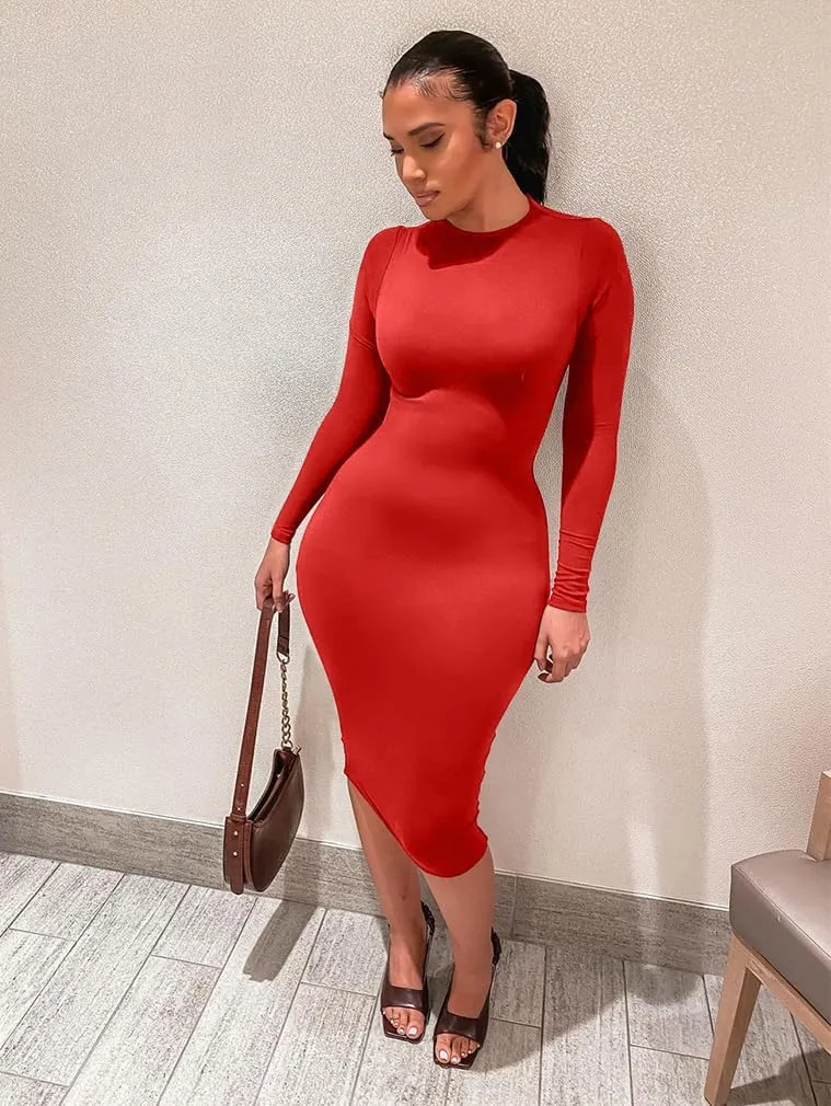 XXTAXN Women's Sexy Bodycon Long Sleeve Round Neck Work Office Midi Pencil Dress