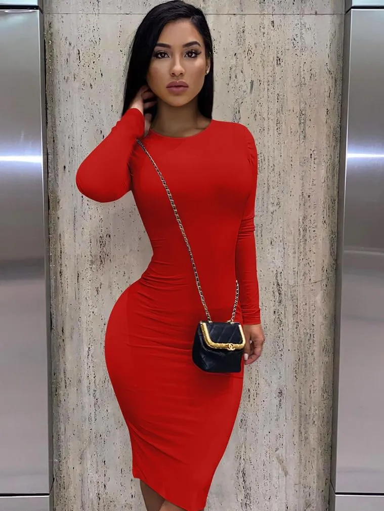 XXTAXN Women's Sexy Bodycon Long Sleeve Round Neck Work Office Midi Pencil Dress