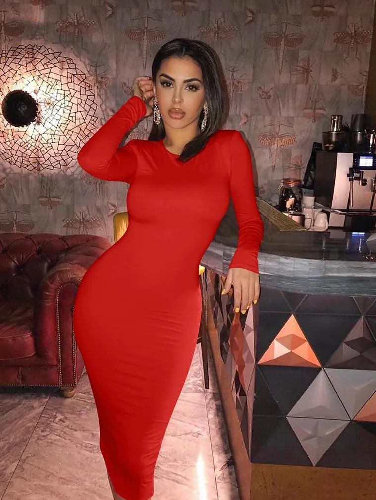 XXTAXN Women's Sexy Bodycon Long Sleeve Round Neck Work Office Midi Pencil Dress