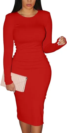 XXTAXN Women's Sexy Bodycon Long Sleeve Round Neck Work Office Midi Pencil Dress